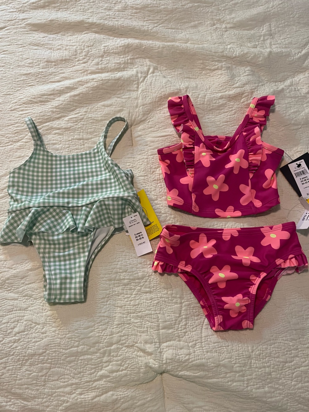 GAP Girls Green Gingham One-Piece Swimsuit & Pink Floral Two-Piece Set